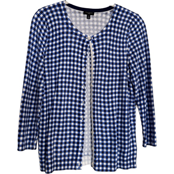 Talbots Cardigan Sweater Top 2 Pc SET Petite P 3/4 Sleeves Blue White Checkered - Picture 2 of 13